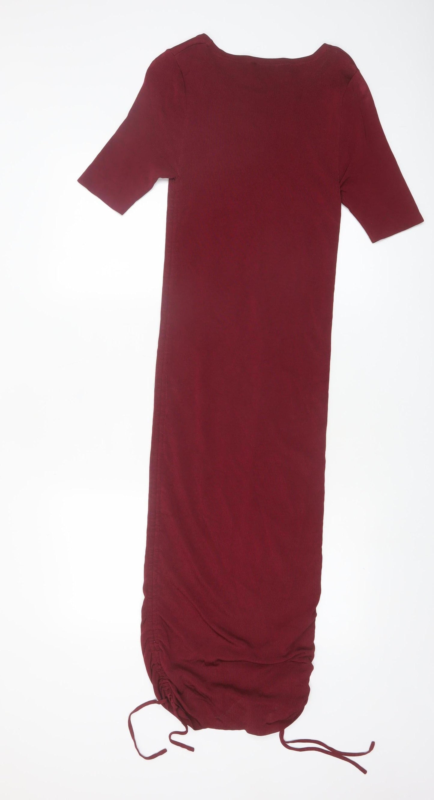 Zara Women Red Midi Bodycon Ruched Knit Dress Size M