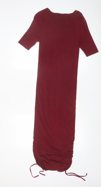 Zara Women Red Midi Bodycon Ruched Knit Dress Size M