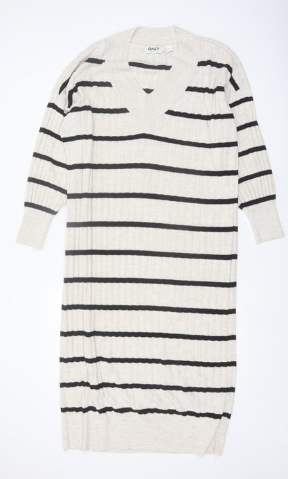 ONLY Women Beige Black Striped Knit V-Neck Midi Jumper Dress L