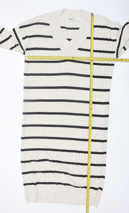 ONLY Women Beige Black Striped Knit V-Neck Midi Jumper Dress L