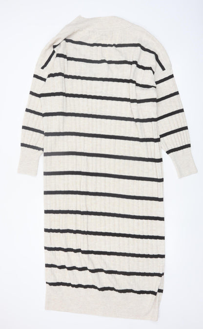 ONLY Women Beige Black Striped Knit V-Neck Midi Jumper Dress L