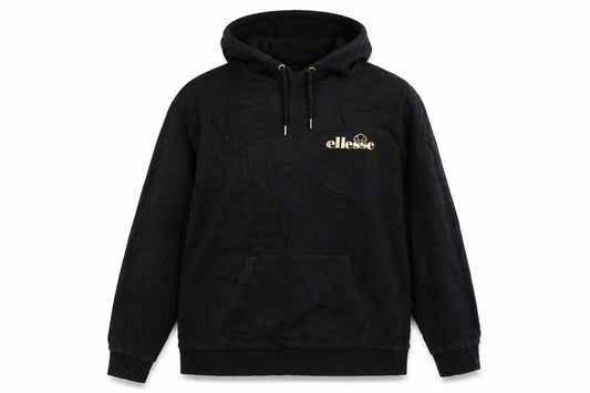 Front view of Ellesse women’s black xl pullover hoodie with gold logo