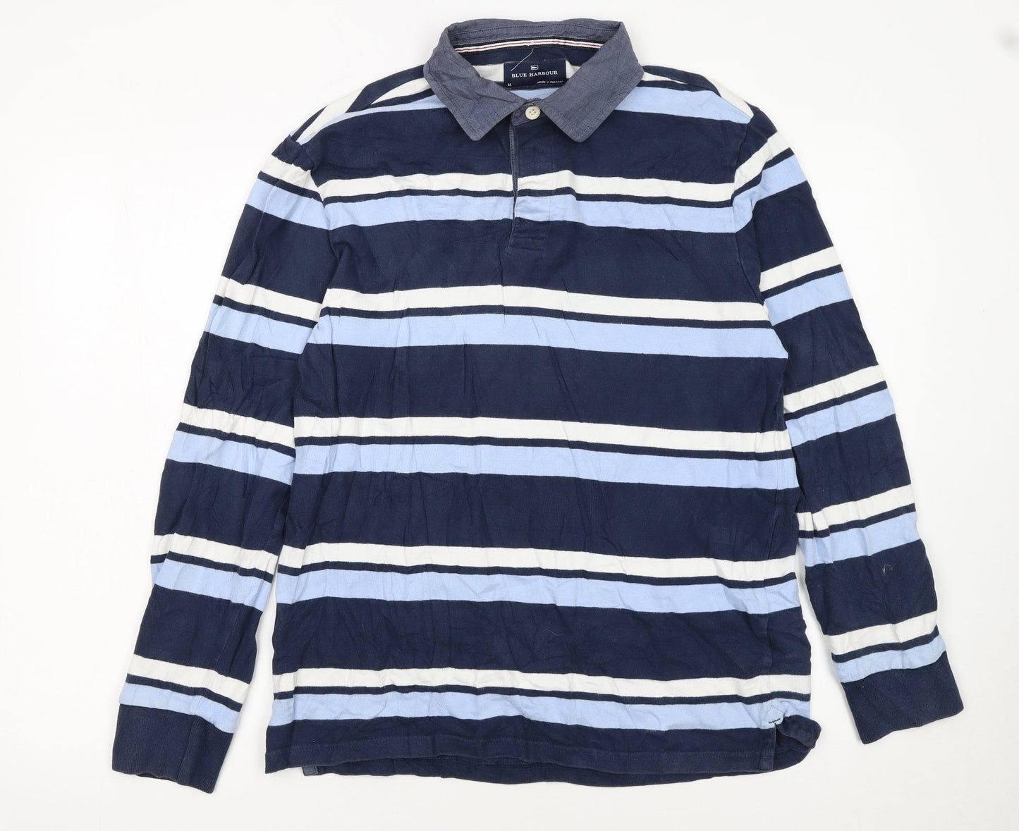 Marks and Spencer Blue Harbour Men’s Blue Striped Long Sleeve Cotton Polo M