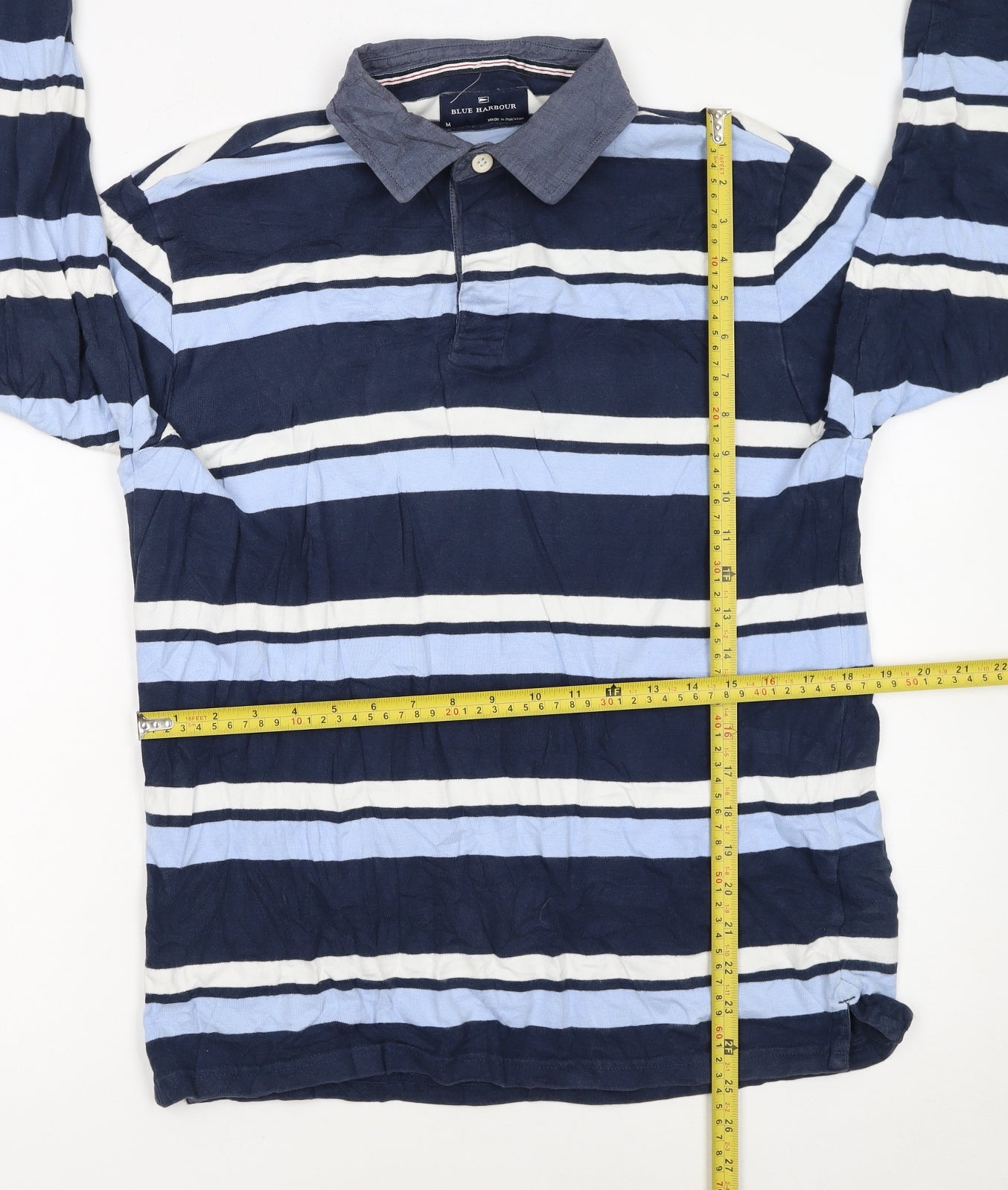 Marks and Spencer Blue Harbour Men’s Blue Striped Long Sleeve Cotton Polo M