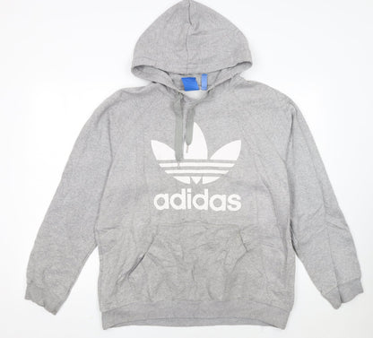 Adidas Men's Grey Pullover Hoodie L Logo Fleece Sweatshirt