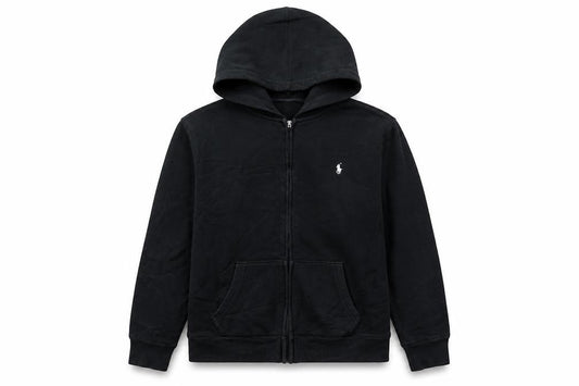 Front view of Polo Ralph Lauren boys’ black full zip hoodie, size 18-20, cotton blend