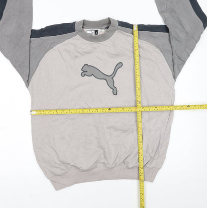 Puma Womens Beige Grey Pullover Sweatshirt Small Logo Crew Neck