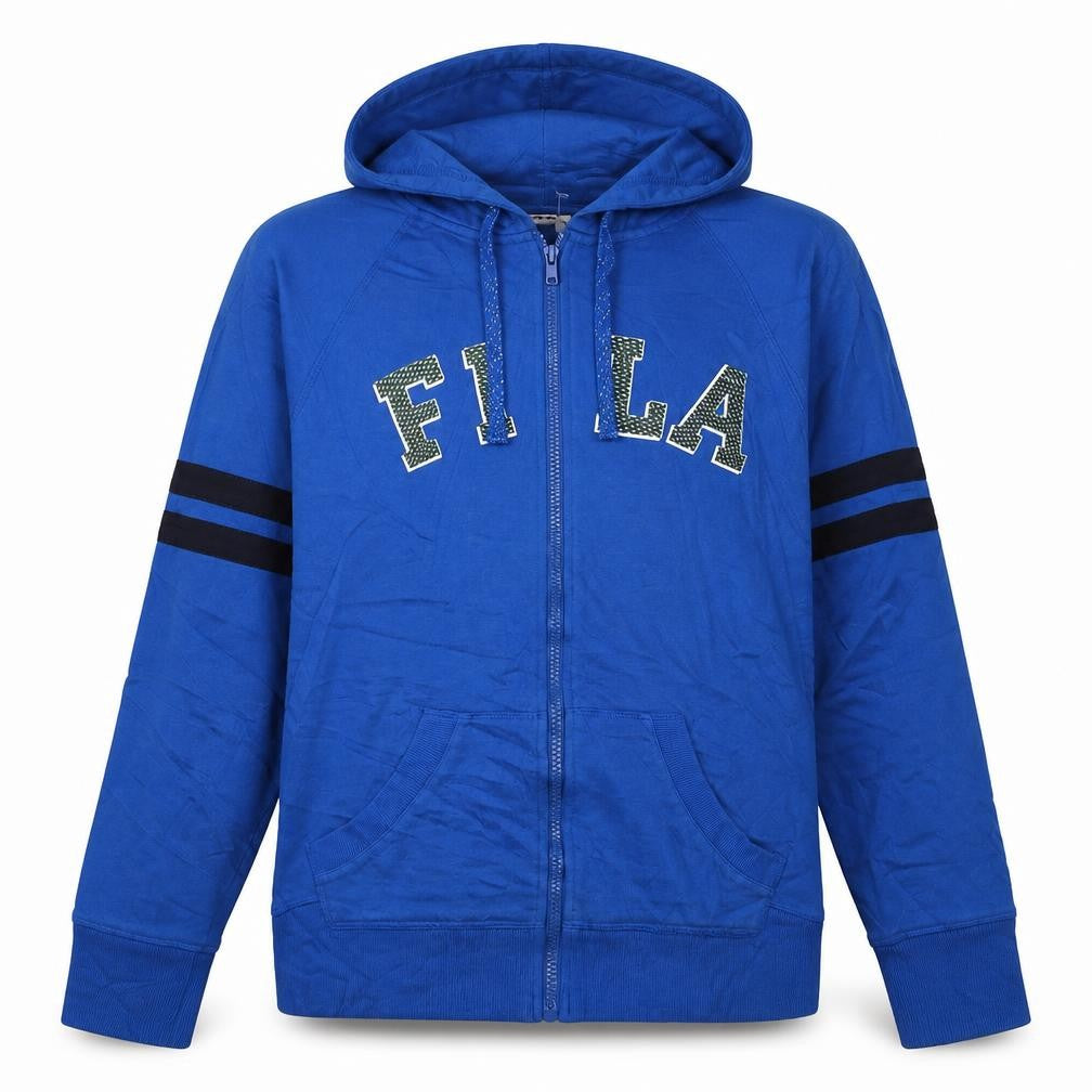 Front view of Fila women’s blue full zip hoodie l logo casual sportswear