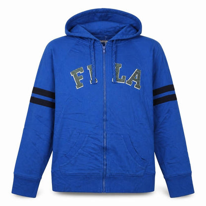 Front view of Fila women’s blue full zip hoodie l logo casual sportswear