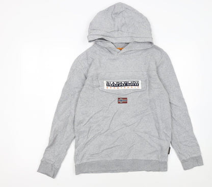 Napapijri Boys Grey Hoodie Size 162cm Pullover Logo Sweatshirt