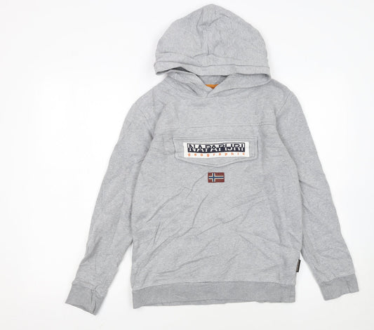 Napapijri Boys Grey Hoodie Size 162cm Pullover Logo Sweatshirt
