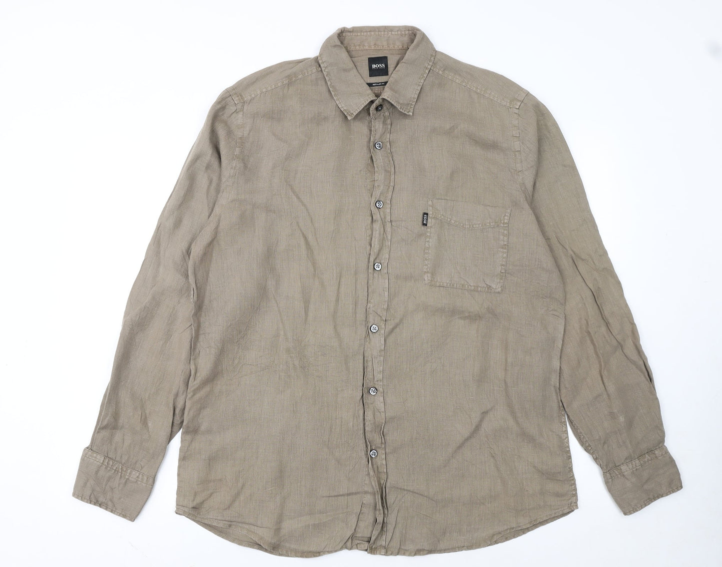 Hugo Boss Men's Beige Linen Regular Fit Long Sleeve Shirt L