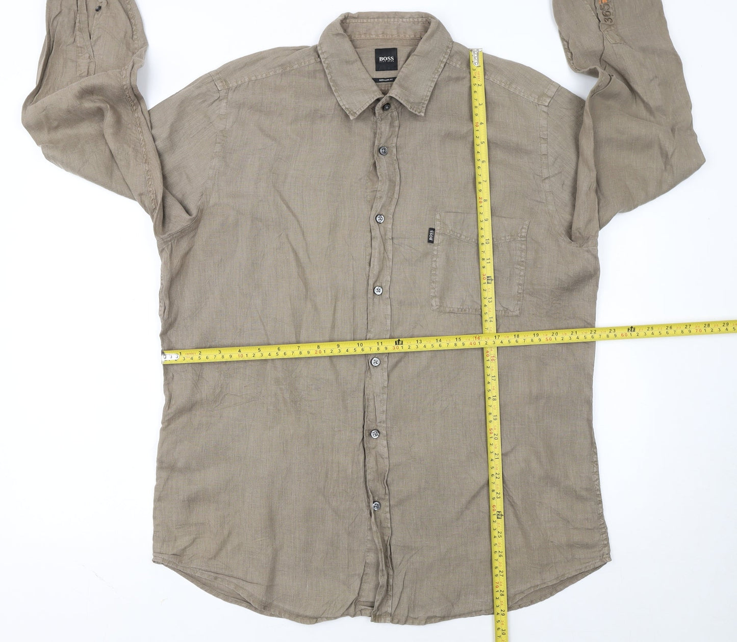 Hugo Boss Men's Beige Linen Regular Fit Long Sleeve Shirt L
