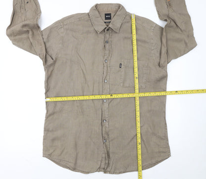 Hugo Boss Men's Beige Linen Regular Fit Long Sleeve Shirt L