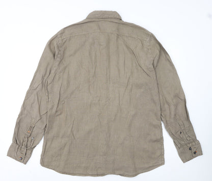 Hugo Boss Men's Beige Linen Regular Fit Long Sleeve Shirt L