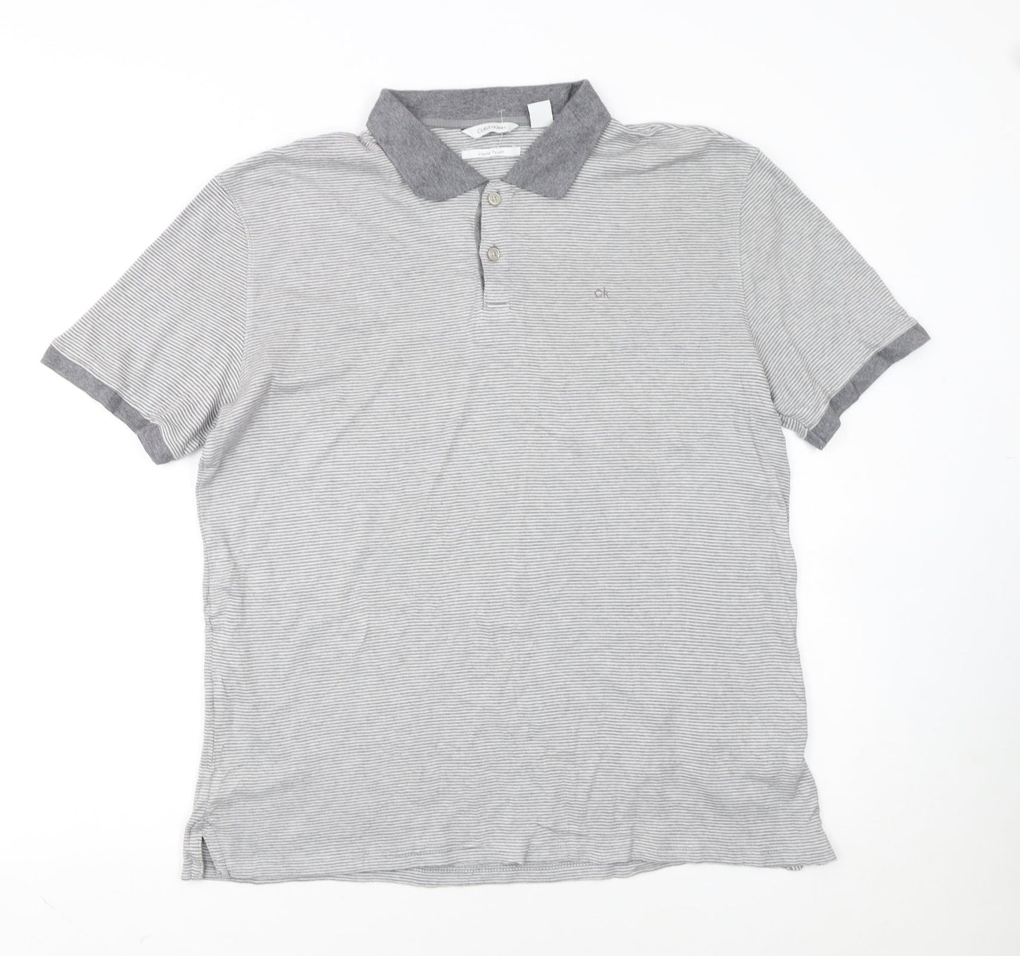 Calvin Klein Men’s Grey Striped Liquid Touch Polo Shirt Size M