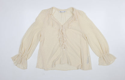 ZARA Women’s Beige Ruffle Long Sleeve Chiffon Blouse Size 12