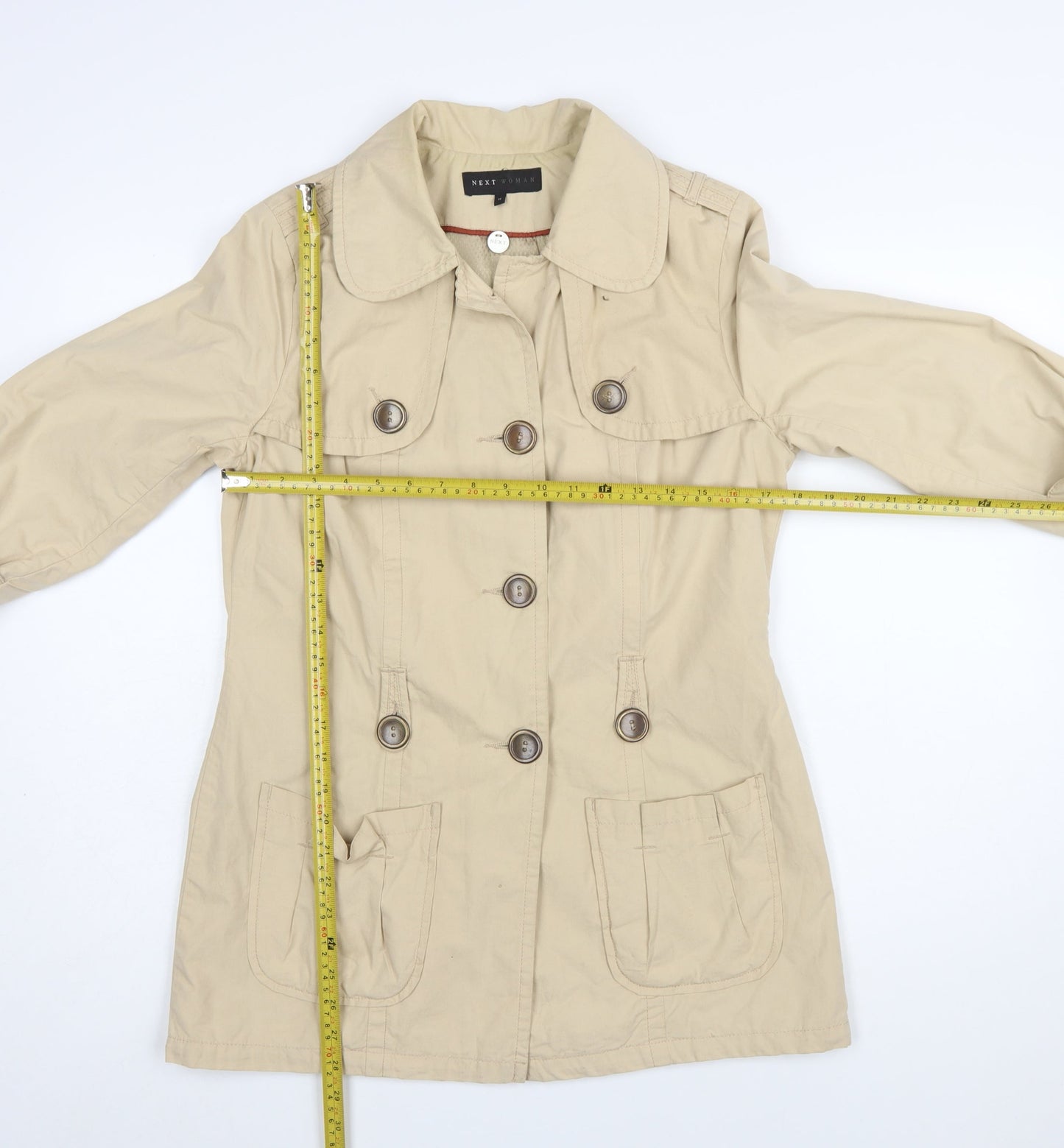 Next Women Beige Cotton Trench Coat Size 10 Buttoned Mid-Length