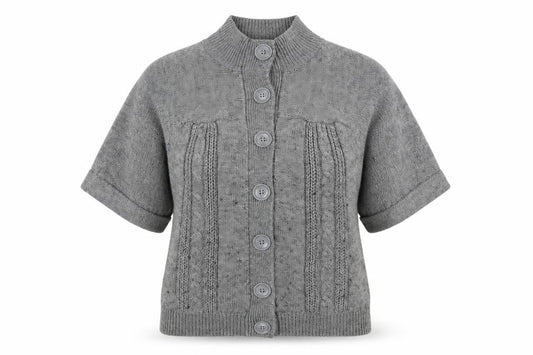 Front view of Kaliko Women's Grey Cable-Knit Button Cardigan, size 16