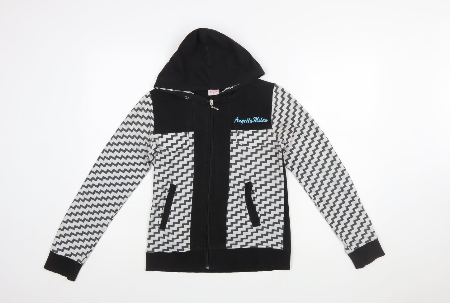 Angelle Milan Womens Black Grey Zigzag Full Zip Hoodie Size S