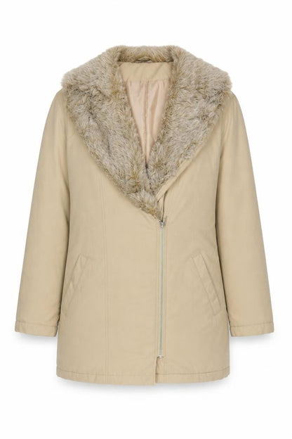 Dorothy Perkins Women’s Beige Fur Trim Belted Zip Coat Size 10