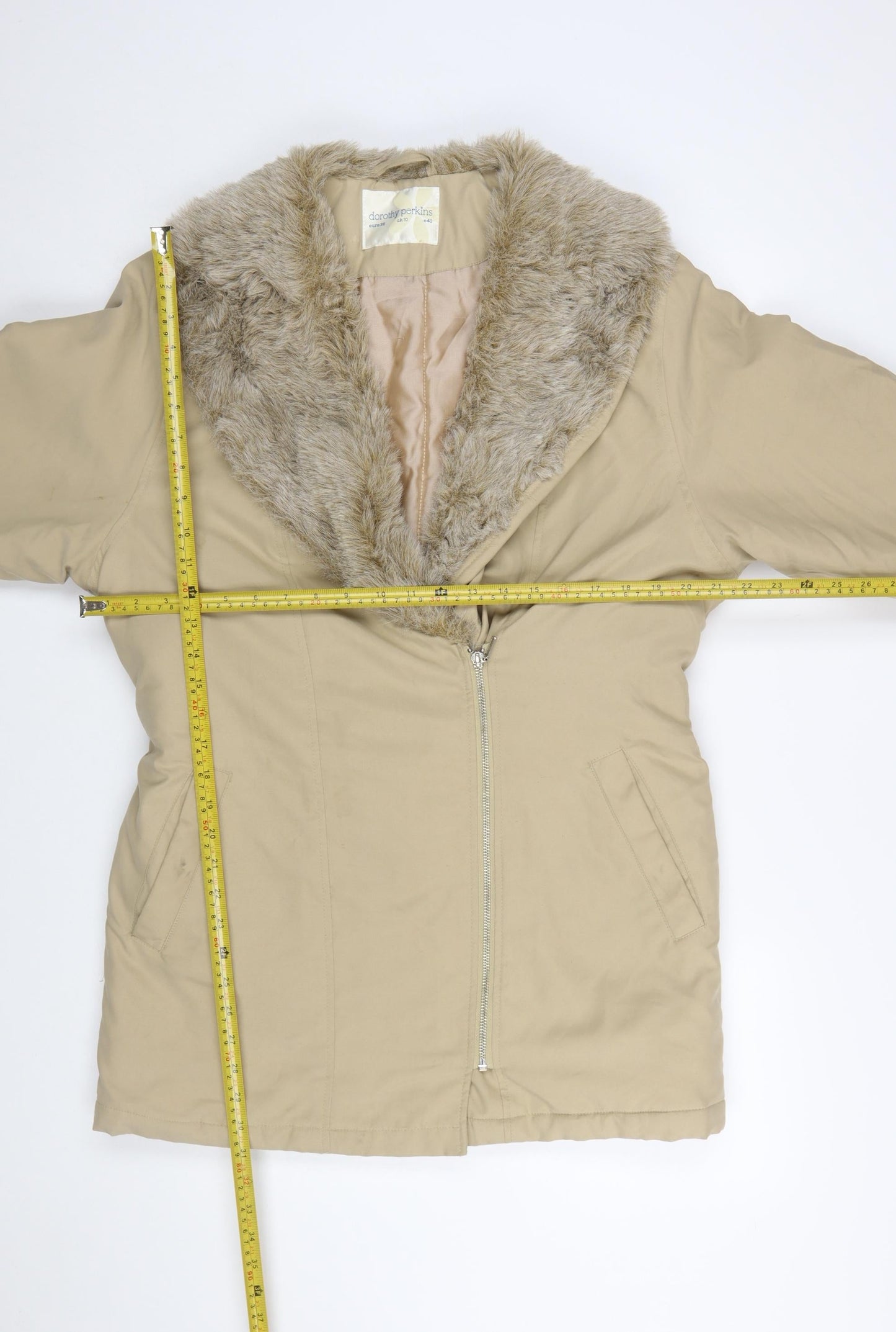 Dorothy Perkins Women’s Beige Fur Trim Belted Zip Coat Size 10