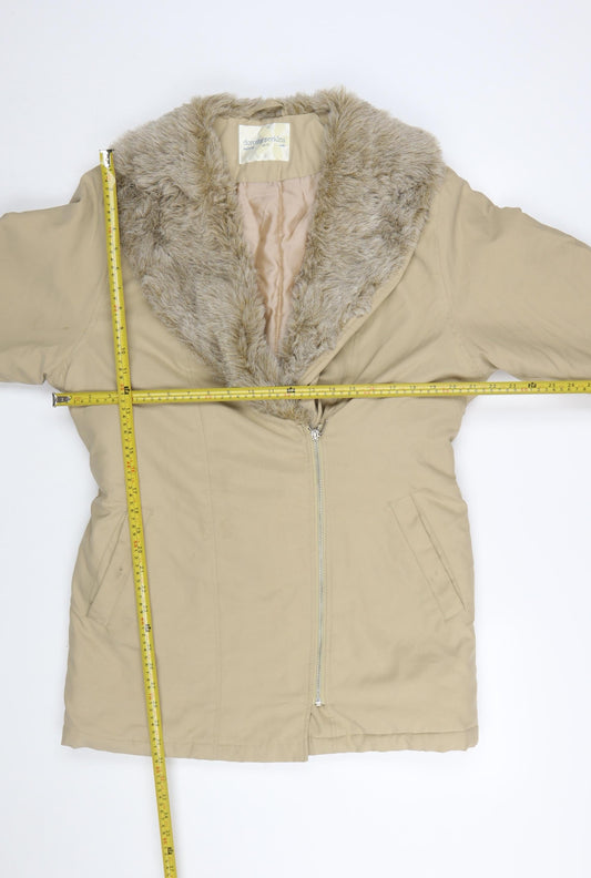 Dorothy Perkins Women’s Beige Fur Trim Belted Zip Coat Size 10