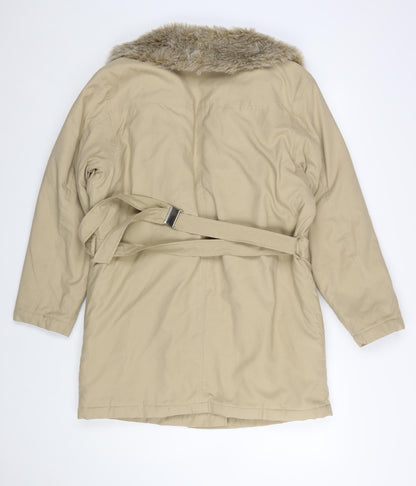 Dorothy Perkins Women’s Beige Fur Trim Belted Zip Coat Size 10