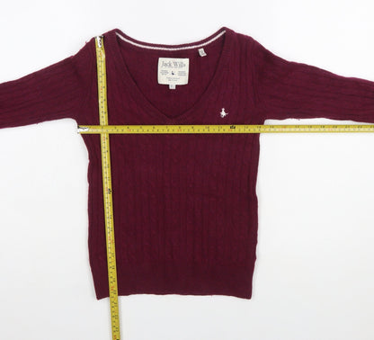 Jack Wills Women's Red V-Neck Cable Knit Jumper Size 4