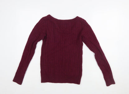 Jack Wills Women's Red V-Neck Cable Knit Jumper Size 4