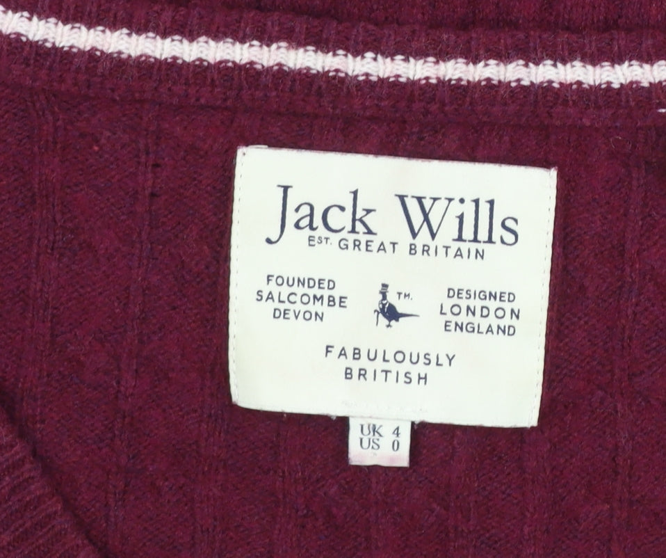 Jack Wills Women's Red V-Neck Cable Knit Jumper Size 4