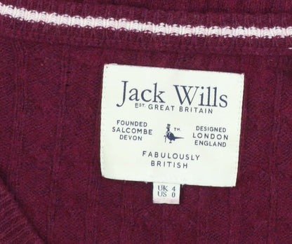 Jack Wills Women's Red V-Neck Cable Knit Jumper Size 4
