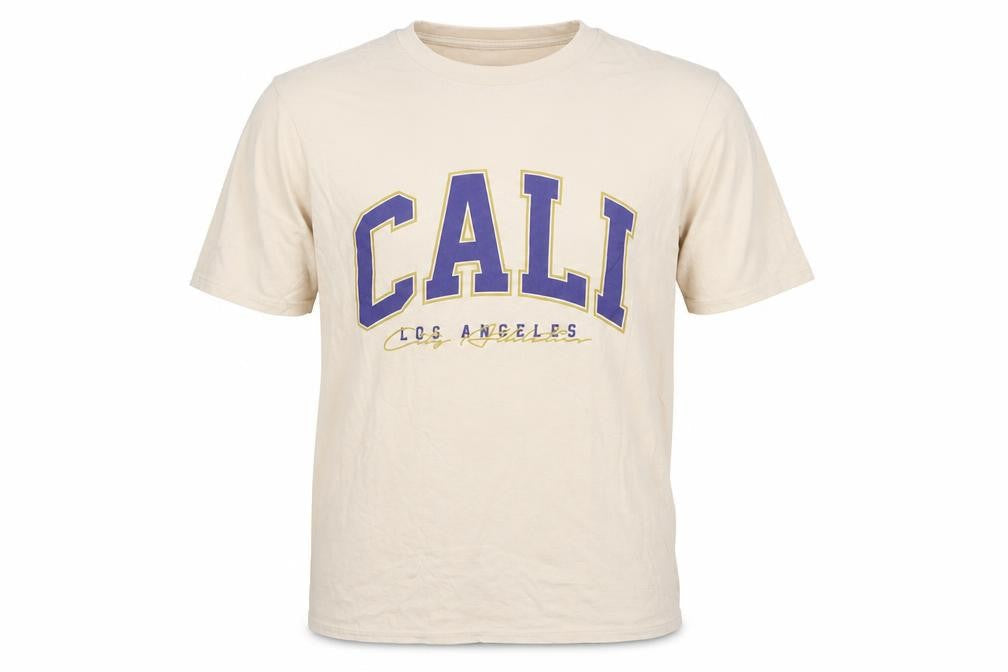 Front view of boohooMAN Men's Beige Cali Los Angeles Graphic Regular Fit T-Shirt, size S