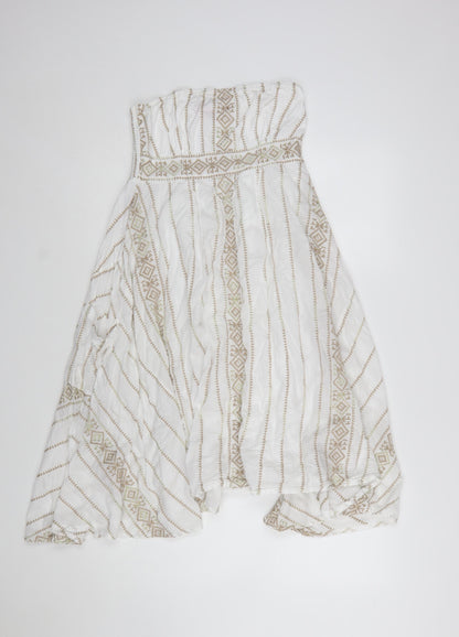 Monsoon Women White Cotton Bohemian Strapless Midi A-Line Dress Size 10