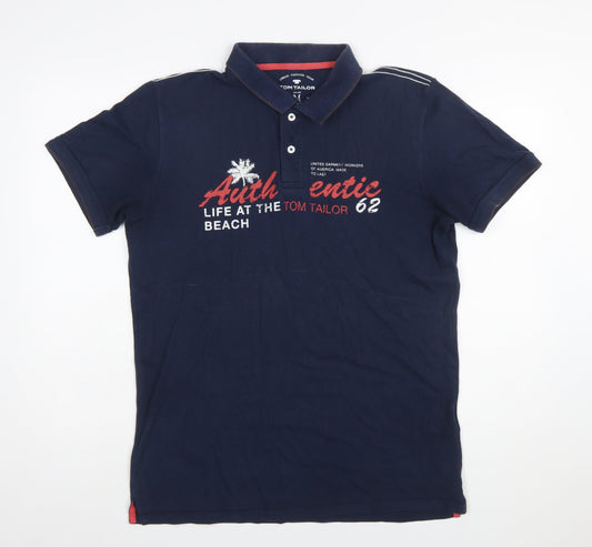 Tom Tailor Men's Blue Regular Fit Cotton Graphic Polo Shirt M