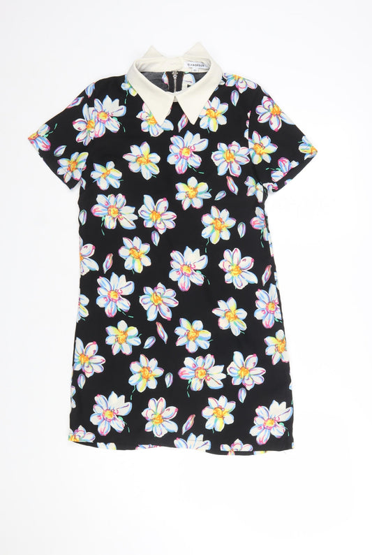 Glamorous Women’s Black Floral Collared Short Sleeve Shift Dress XS