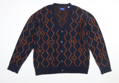 Jack & Jones Men's Blue Geometric Knit Cardigan M