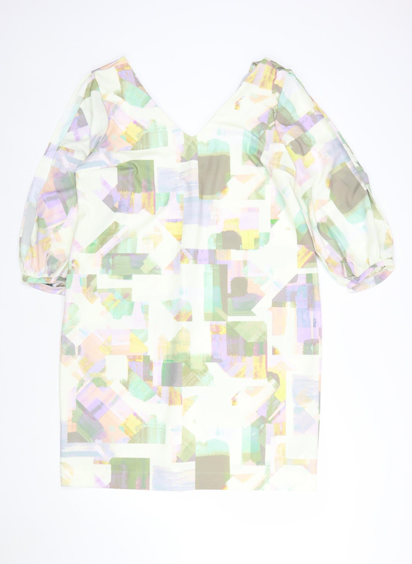 Next Women’s Multicoloured Shift Dress Size 16 V-Neck Puff Sleeve
