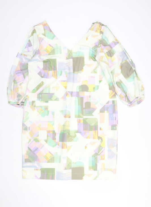 Next Women’s Multicoloured Shift Dress Size 16 V-Neck Puff Sleeve