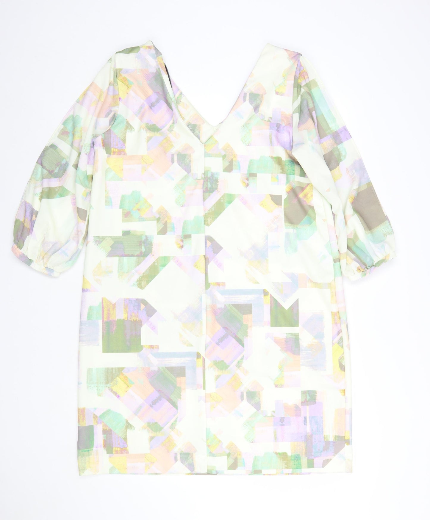 Next Women’s Multicoloured Shift Dress Size 16 V-Neck Puff Sleeve