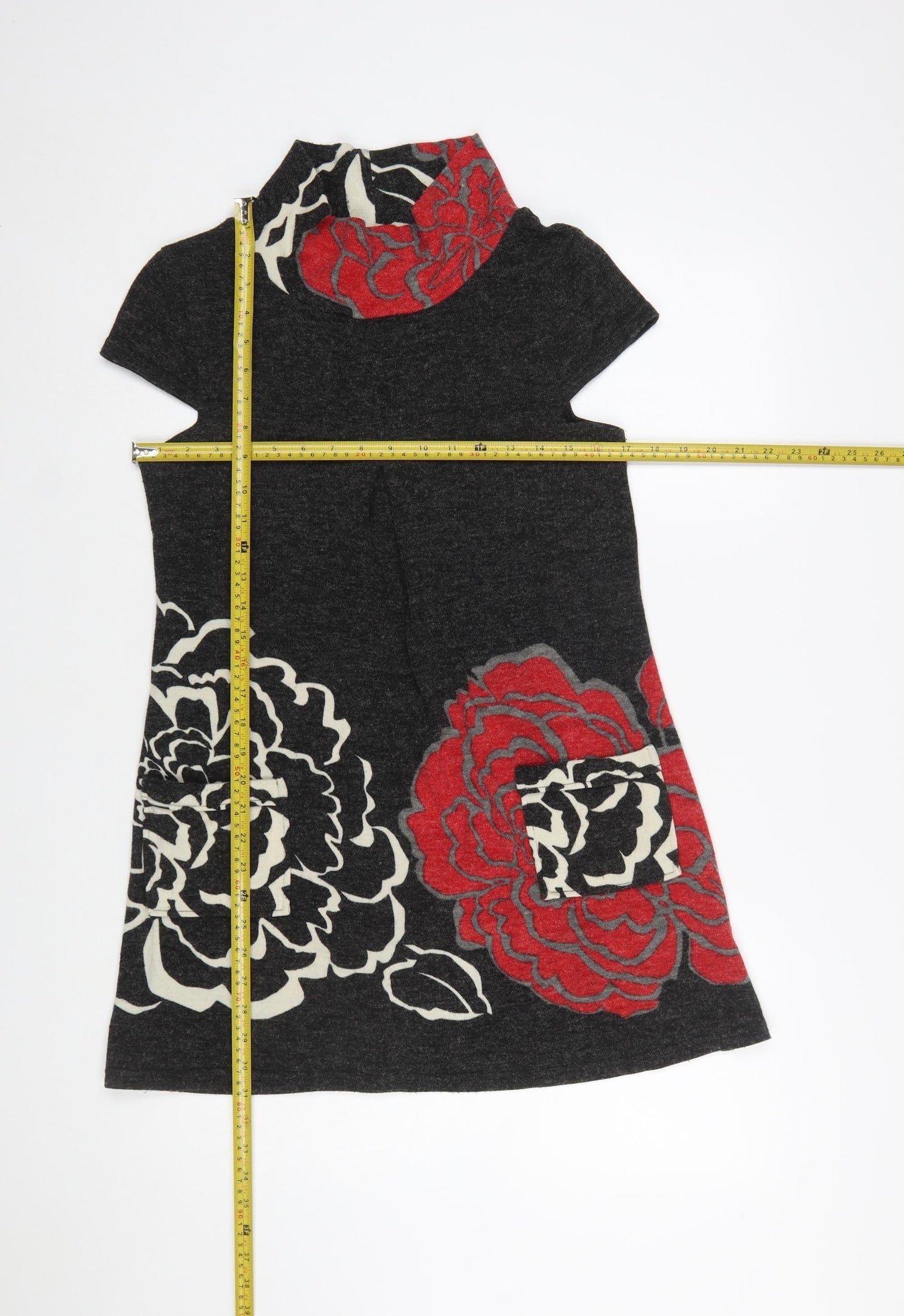 Quiz Women Black Floral Shift Knit Dress Size 10 Roll Neck
