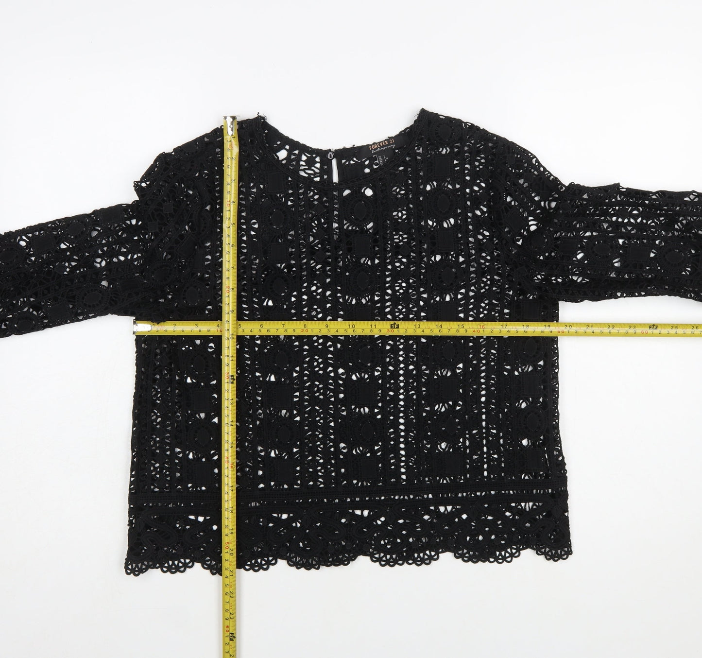 Forever 21 Women Black Lace Long Sleeve Tunic Blouse Size L