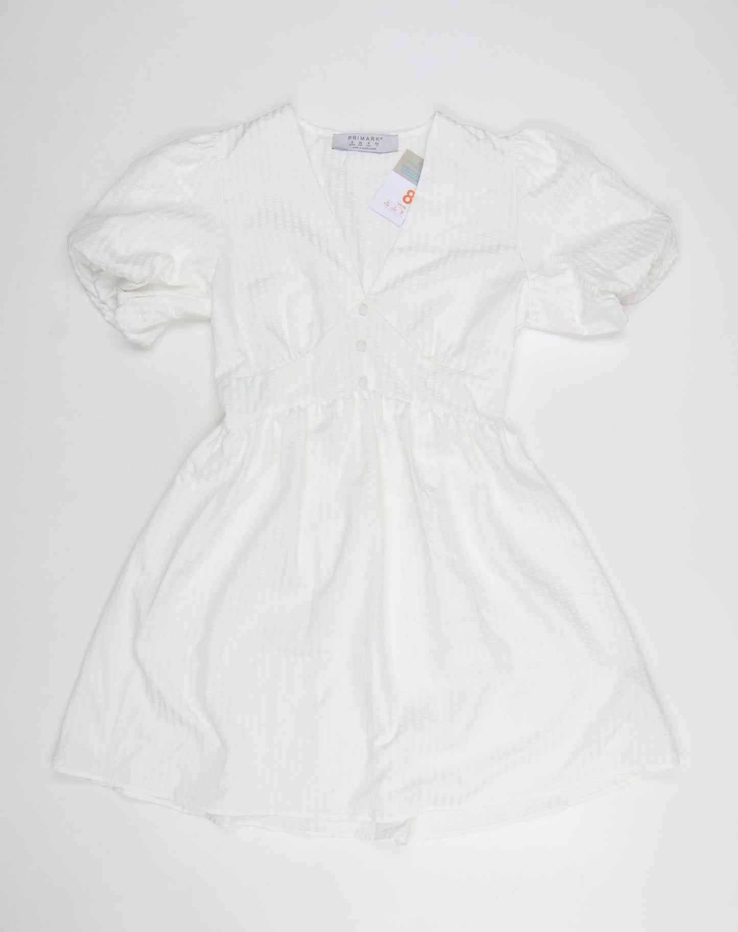 Primark Women White Size 8 Short A-Line Puff Sleeve Dress