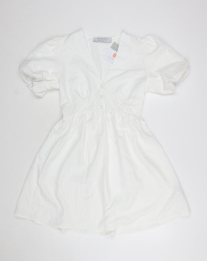 Primark Women White Size 8 Short A-Line Puff Sleeve Dress