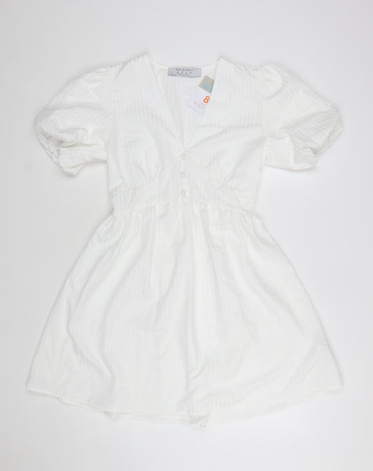 Primark Women White Size 8 Short A-Line Puff Sleeve Dress