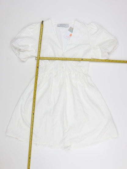 Primark Women White Size 8 Short A-Line Puff Sleeve Dress