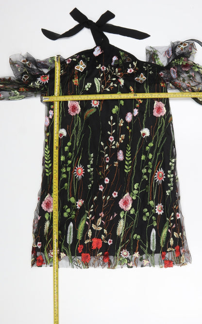 PrettyLittleThing Women’s Black Floral Mesh Halter A-Line Dress Size 10