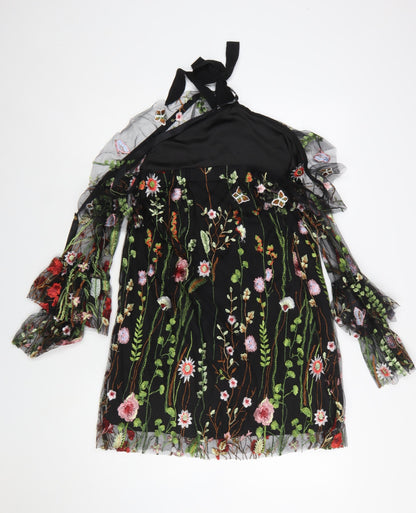 PrettyLittleThing Women’s Black Floral Mesh Halter A-Line Dress Size 10