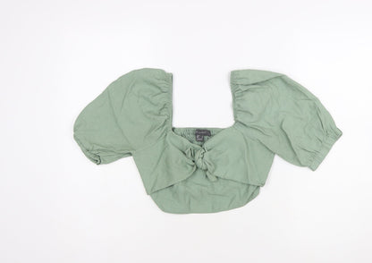 Primark Women Green Cropped Puff Sleeve Tie Blouse Size 8