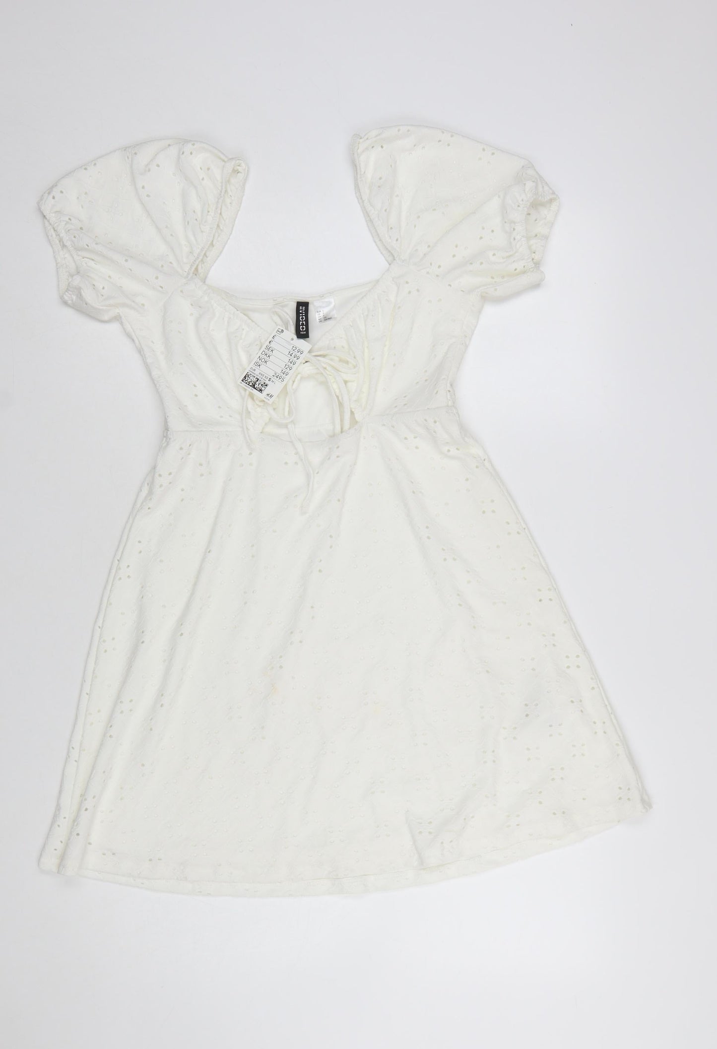 H&M Divided Women’s White Cotton A-Line Puff Sleeve Short Dress Size 8